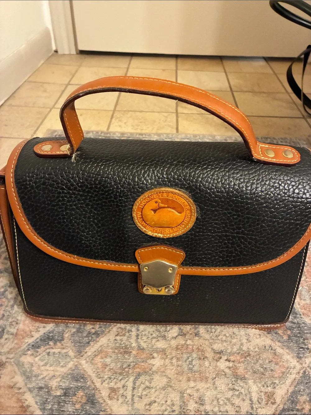Dooney & Bourke Black Pebbled Leather Top-Handle Satchel‎ with Brown Trim
